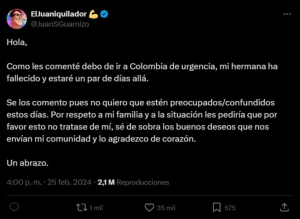 Después de que Juan Guarnizo compartiera la noticia del fallecimiento de su hermana en X